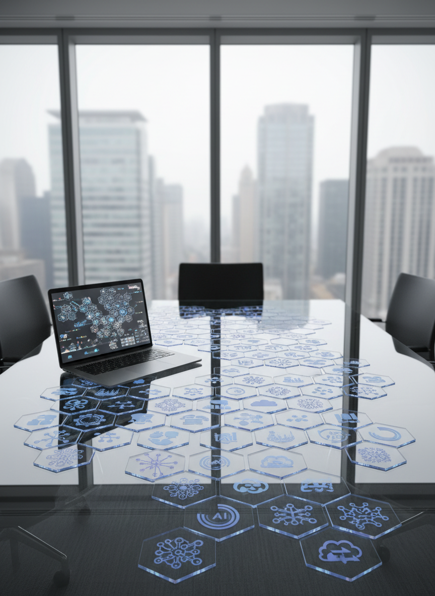 A polished glass conference table in a modern corporate space, covered with semi-transparent acrylic tiles arranged in a flowing pattern, each etched with faint, abstract icons hinting at AI, cloud, and analytics. A slim, metallic laptop sits off-center, its screen reflecting the tiles like a living dashboard of enterprise transformation. Behind, a floor-to-ceiling window reveals a hazy, indistinct skyline of corporate towers. Cool, overcast daylight washes the room, creating subtle reflections in the glass and a calm, analytical mood. Photographic realism with a slightly elevated angle and deep depth of field emphasizes the structured layout, conveying the complexity and elegance of large-scale digital transformation decisions.