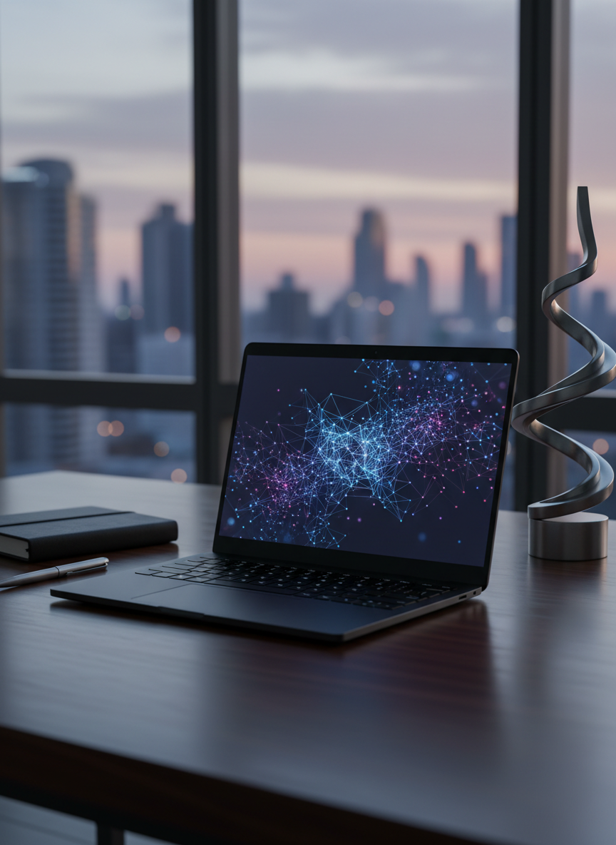 A sleek, matte-black laptop partially open on a dark walnut desk, its screen displaying an abstract, glowing network of interconnected nodes symbolizing artificial intelligence. Around it, a few carefully placed, minimalist objects: a brushed metal pen, a slim leather notebook, and a subtle, geometric desk sculpture suggesting data flows. The setting is a high-floor office with floor-to-ceiling windows revealing a softly blurred city skyline at dusk. Cool, diffused ambient light mixes with the laptop’s screen glow, creating refined highlights and gentle shadows. Shot at eye level with a shallow depth of field, the composition uses the rule of thirds to convey focus and clarity. The photographic realism and clean, modern aesthetic evoke thoughtful analysis and sophisticated technology strategy.