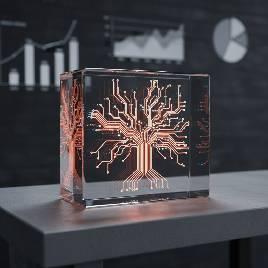 A close-up, photographic view of a precision-engineered circuit board embedded in a translucent, smoked-glass slab, resting on a smooth concrete surface. Fine copper traces glow faintly, forming a stylized pattern reminiscent of a branching business org chart. In the softly blurred background, minimalist, monochrome charts and graphs are lightly projected onto a dark wall, suggesting KPIs and product metrics without readable text. Cool, directional studio lighting from the left creates intricate highlights across the metal components and gentle shadows in the board’s recesses. Shot with a macro lens and shallow depth of field, the composition feels deliberate and methodical, echoing the rigor of product engineering and AI-driven decision-making.