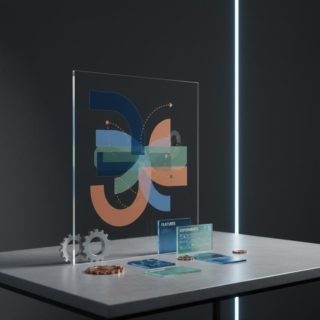 An elegant, ultra-thin transparent display standing upright on a stone-gray desk, showing layered, semi-opaque geometric shapes that resemble overlapping roadmaps and product backlogs, without any legible text. Around the base lie a few precision-milled metal tokens and translucent acrylic cards representing features and experiments in a product portfolio. The room is minimalist, with a dark charcoal wall and a single vertical light strip casting a soft, cool glow that creates dramatic, elongated shadows. Captured from a slightly low angle for a cinematic feel, the photographic image has crisp detail and controlled contrast, conveying a sophisticated, strategic perspective on product thinking and long-horizon planning.